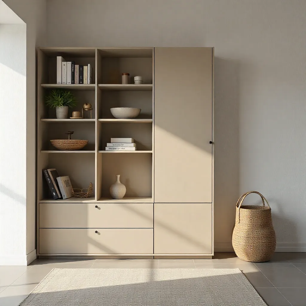 Minimalist living space with modular storage units